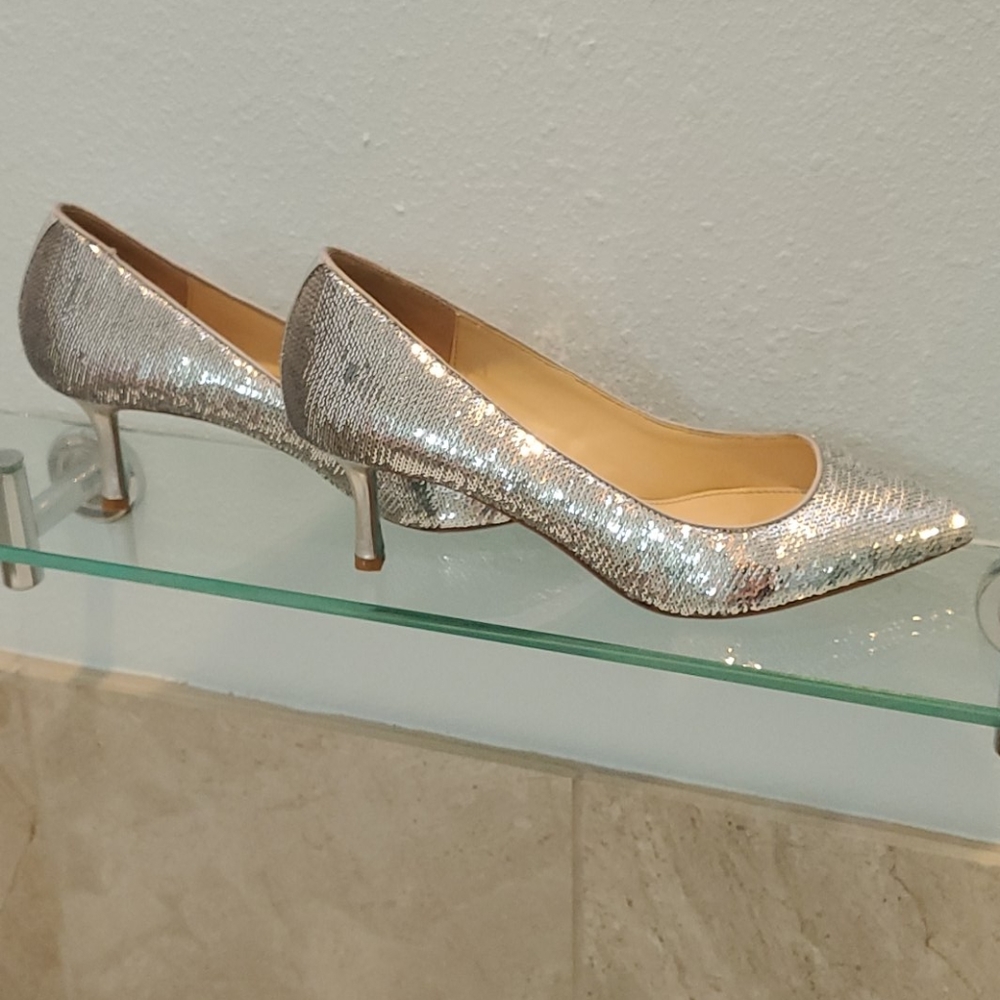 Betsy Johnson Blue sequin silver kitten heel